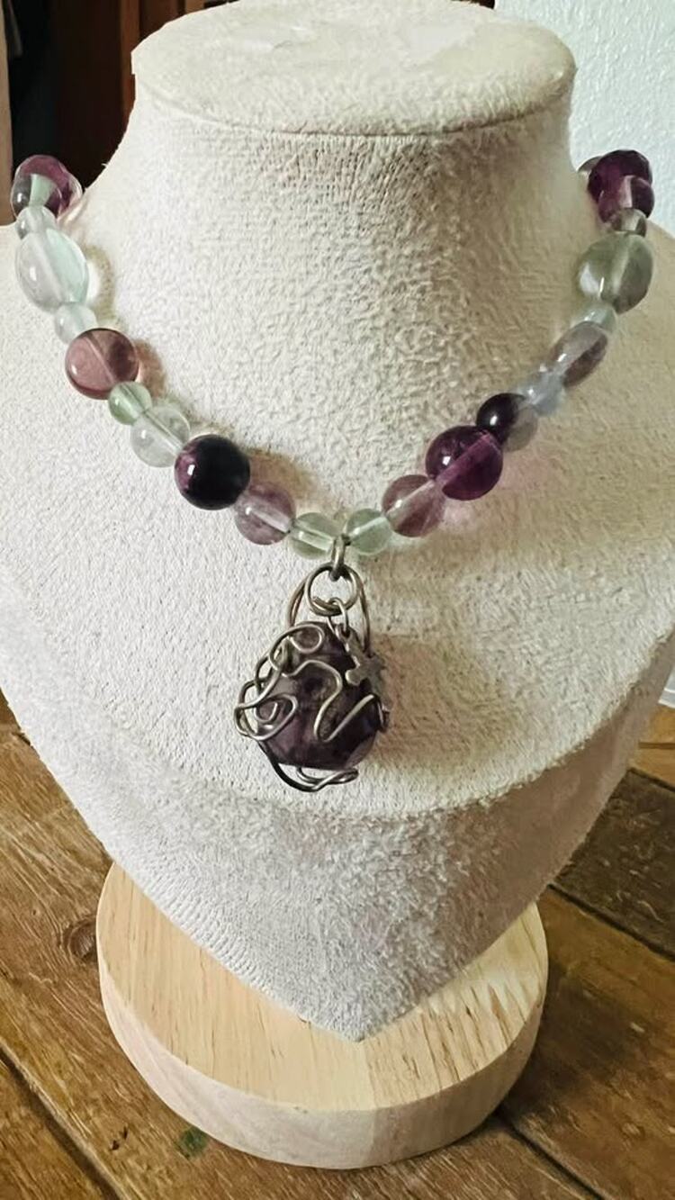 Fluorite Bead Necklace 16” with Wire-Wrapped Stone Pendant